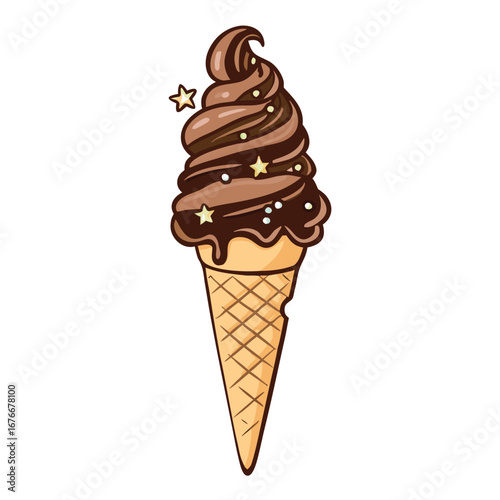 Chocolate ice cream cone with stars and sprinkles waffle