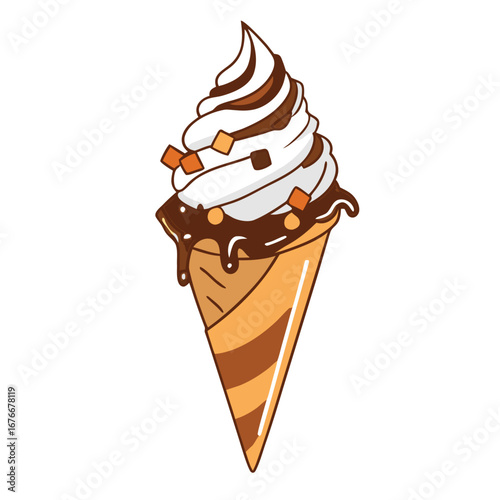 Swirled chocolate and vanilla ice cream cone with toppings vector