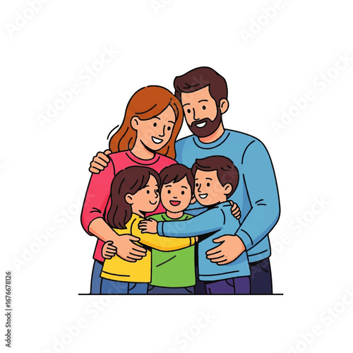 A loving cartoon family of four sharing a warm and joyful group hug. Parents embracing their son and daughter, symbolizing togetherness and happiness