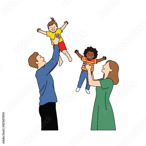 Happy diverse family illustration of parents lifting their joyful children in the air. A concept of love, play, and multicultural togetherness