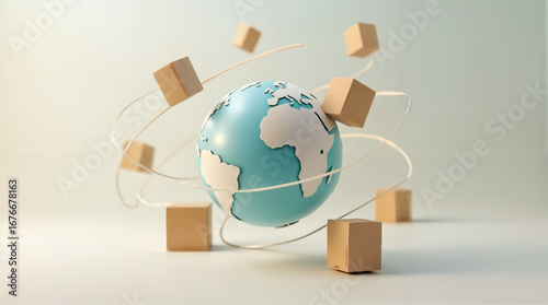 World trade logistics with parcels and global delivery symbol, pastel tones.