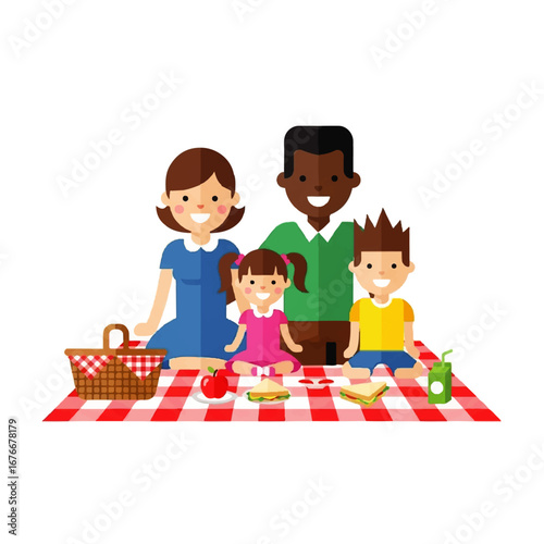 Happy multicultural family with children enjoying a summer picnic together. Interracial parents with son and daughter eating food outdoors on a blanket