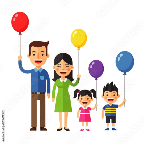 Happy Family Celebration Parents and Children with Balloons
