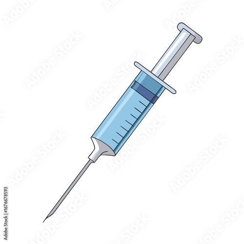Medical syringe with blue liquid and sharp needle injection