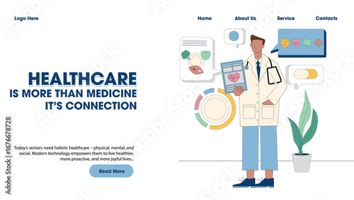 The Doctor Is Advising on Healthy Food, Personal Index Monitoring, Lifestyle and Medication for Elderly Patients. Doctor Flat Vector Illustration and Can Be Used on Senior Healthcare Medical Landing P