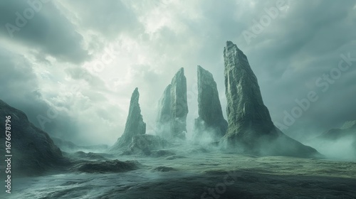 A surreal landscape featuring towering rocky formations amidst mist and dramatic clouds, evoking a mystical and otherworldly atmosphere.
