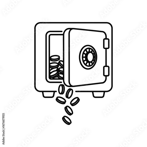 Financial Fortress: A minimalist illustration captures a strongbox, with coins spilling out, representing financial security and wealth.