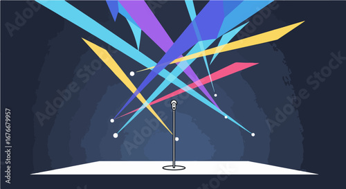 Center stage microphone illuminated by vibrant colorful spotlights, a graphic concept for a live performance or talent show