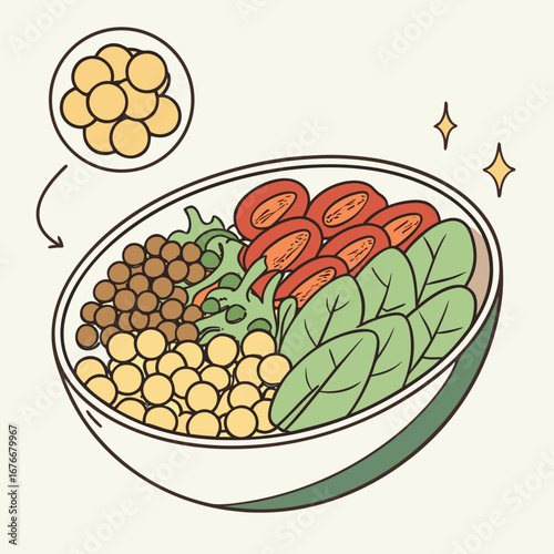 Vegan Healthy Bowl Illustration with Chickpeas Lentils Spinach and Tomatoes