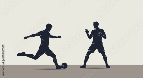 Dynamic silhouette illustration of two soccer players in action on a field, capturing the intensity and energy of a competitive football match with one player preparing to kick the ball