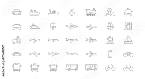 Set of transportation icons, representing various modes of transport on a white background