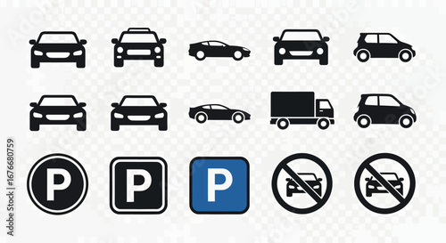 Collection of automobile and parking icons, representing transportation and traffic regulations