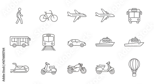 Set of transportation icons including bicycles, airplanes, cars, buses, trains, boats, and hot air balloons