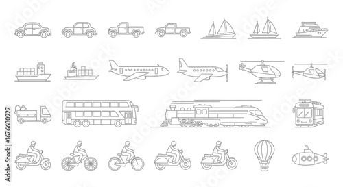 A collection of various modes of transportation, including cars, planes, trains, and boats