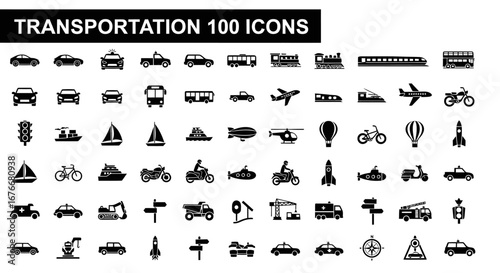 Collection of diverse transportation icons representing various modes of travel and logistics