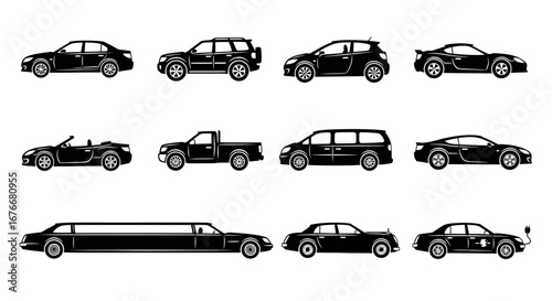 Collection of various black car vehicles from different styles and models