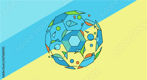 A vibrant digital illustration of a complex geometric sphere symbolizing global connection and futuristic data networks