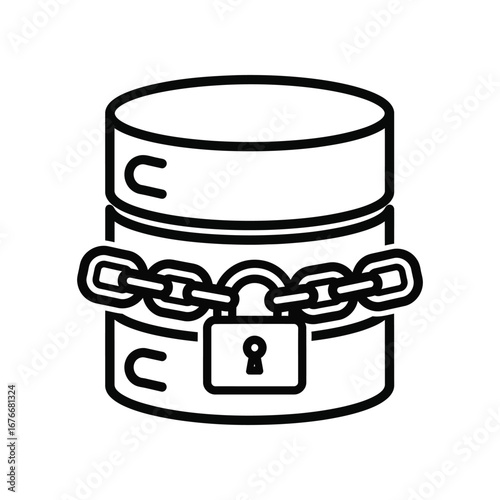 Secured Data Icon: a detailed illustration of a digital database, encircled by a sturdy chain, and secured with a padlock, symbolizing data protection and information security.