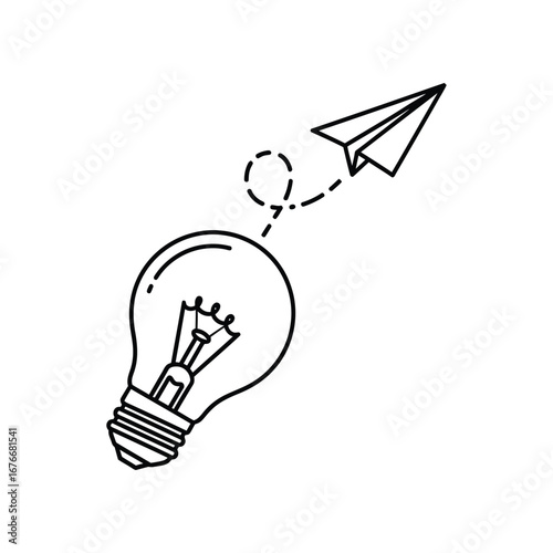 Idea and Flight: A minimalist illustration presents the concept of innovation and progress. A paper airplane soars towards a glowing light bulb, symbolizing creativity and the realization of ideas.