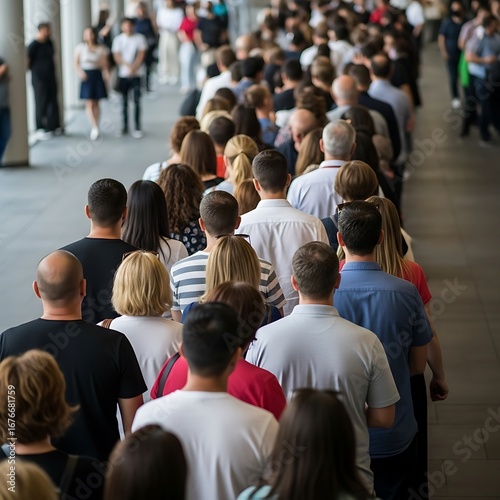 A long queue of people in a large hall