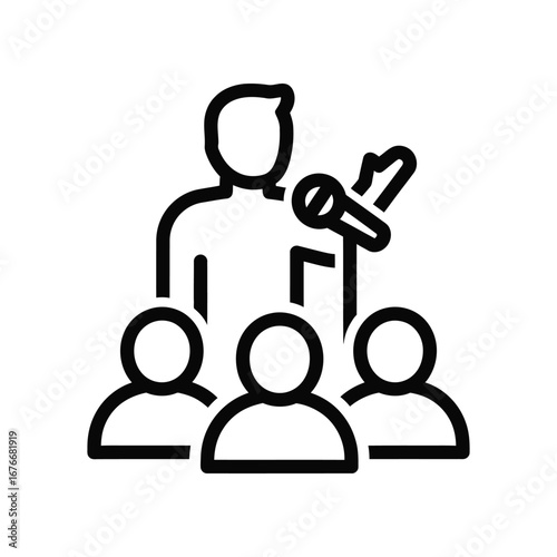 Public Speaking Icon: Capturing a minimalist icon of an orator addressing an attentive audience, symbolizing effective communication. 