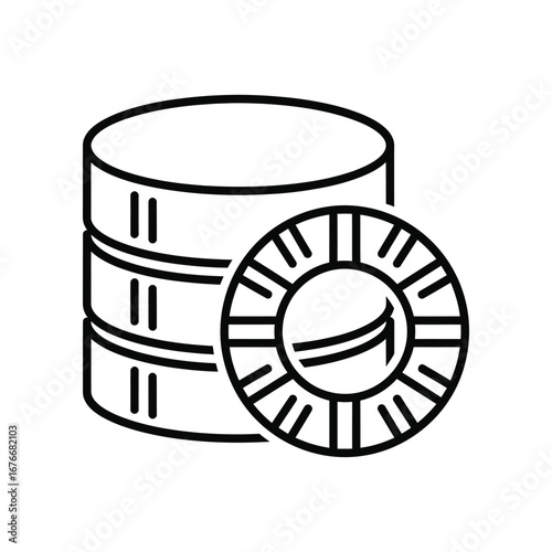 Casino Chips and Stacked Discs: A stack of game discs and a singular disc, depicted with bold lines, represent gambling. This graphic conveys themes of chance, strategy, and risk-taking.