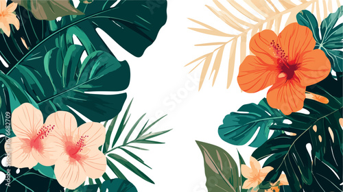 Vibrant tropical floral arrangement with lush green leaves and exotic hibiscus flowers