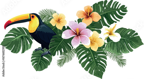 Vibrant toucan bird perched amidst lush tropical foliage and exotic hibiscus flowers