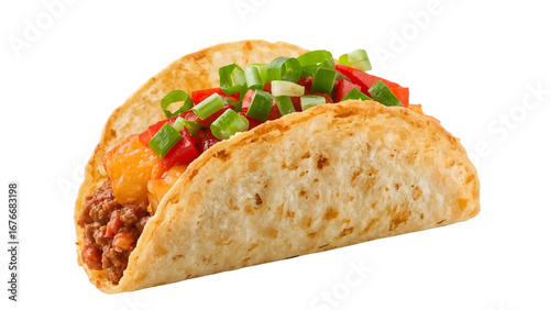 Beef taco with cheese, tomatoes, and green onions in crispy tortilla shell isolated on the transparent background