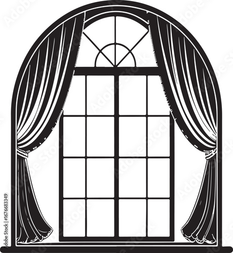 Vintage Arched Window With Curtains And Panes In Black And White antique architectural
