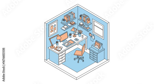 Isometric home office workspace with computer and books