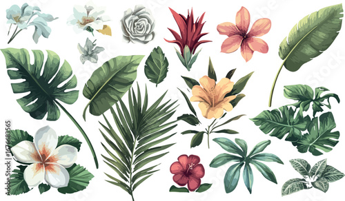 Vibrant watercolor collection of exotic tropical flowers and lush green leaves isolated on white
