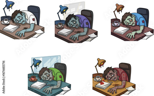 Zombie office workers sleeping at desk, overworked undead employees cartoon, funny corporate burnout illustration, horror workplace humor, exhausted 