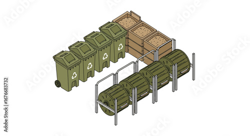 Recycling process with bins and compost tumblers