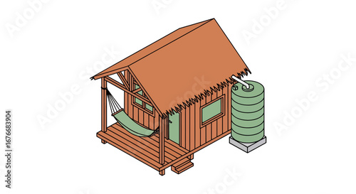 cabin with hammock and rainwater tank