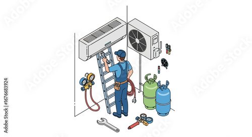 Air conditioner repair with technician and tools