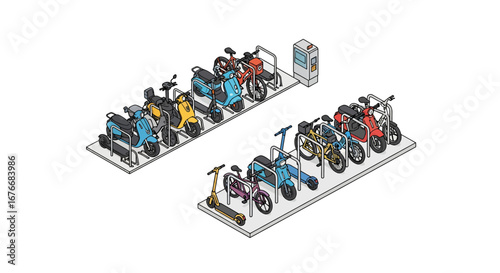 Motorcycles and scooters in a parking station
