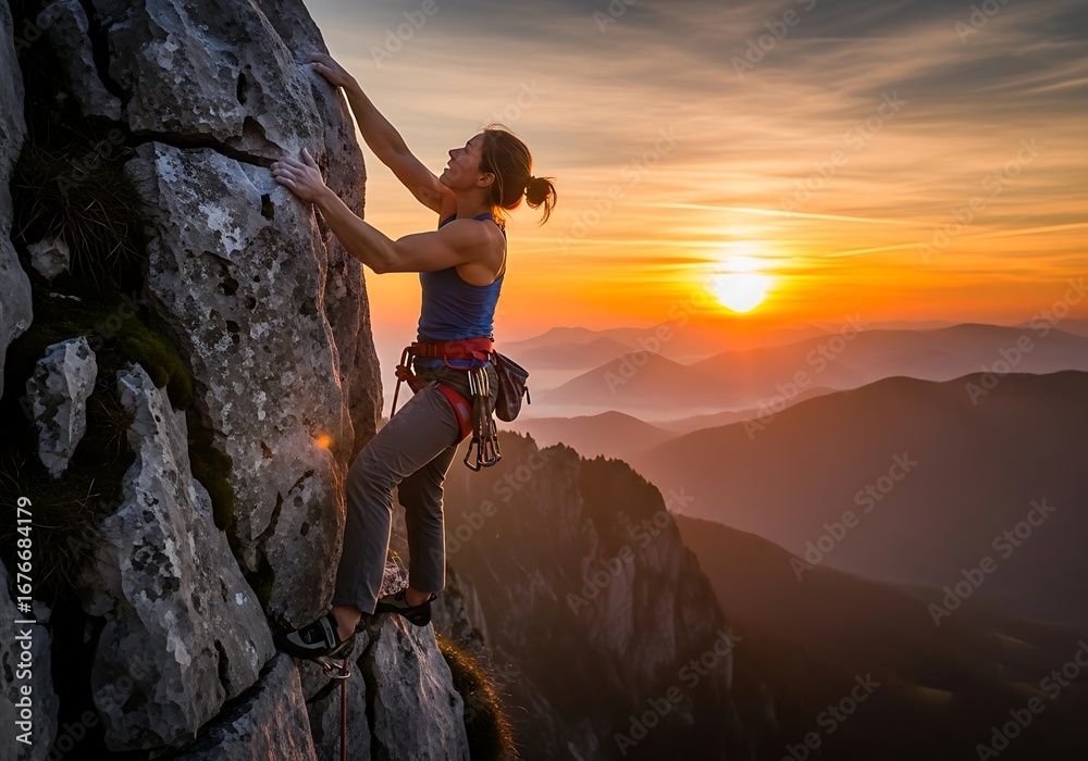 Fototapeta premium Female Rock Climber Ascending a Mountain Peak at Golden Sunset