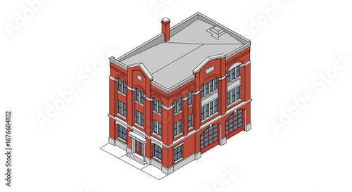Red brick building with arched windows and chimney