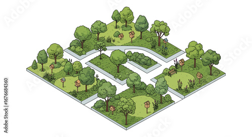 Isometric neighborhood park with trees and benches