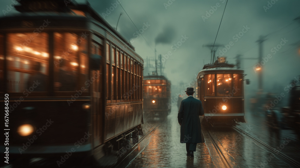 Obraz premium A man walking past vintage trams on a wet street in a foggy, old fashioned city