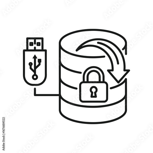 Secure Data Backup and Storage: Visual representation of data security, backup and storage, featuring a digital database linked to a USB drive and secured by a padlock. 