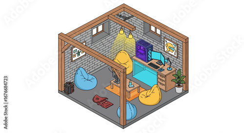 gamer room setup with computer and beanbag chairs