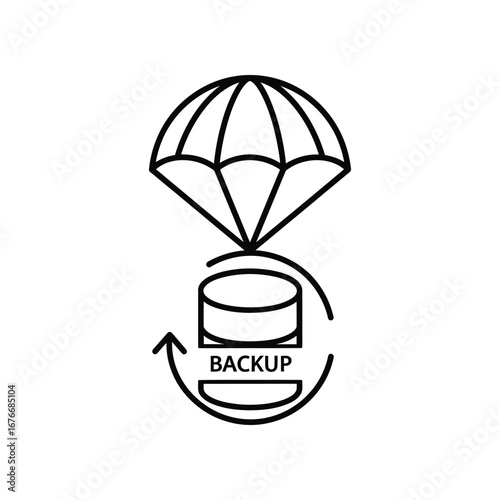 Backup Symbol: An illustration depicting a parachute gracefully descending towards a circular data storage device, emphasizing the crucial act of data backup and the security