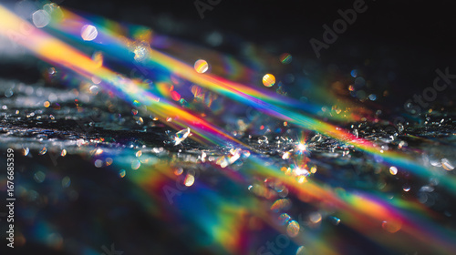 A close up of rainbow colored light streaks and bokeh on a dark surface with water drops