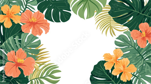 Vibrant tropical floral frame with lush green monstera leaves and orange hibiscus flowers