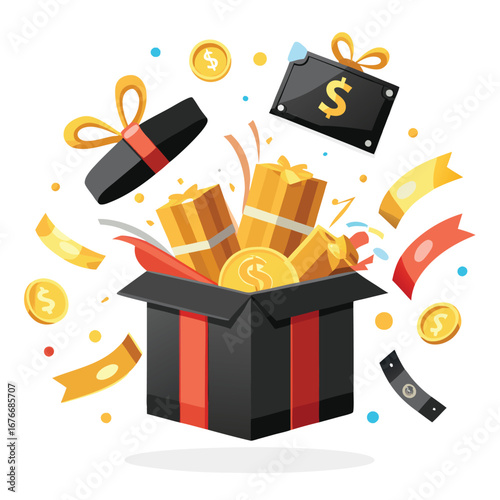 Gift Box with Money and Confetti - Vector Illustration