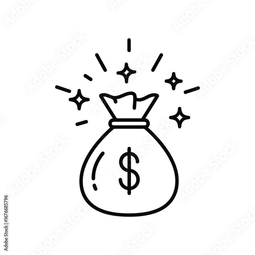 Financial Abundance: A simple line illustration of a money bag emitting sparkling brilliance, suggesting prosperity and wealth. 
