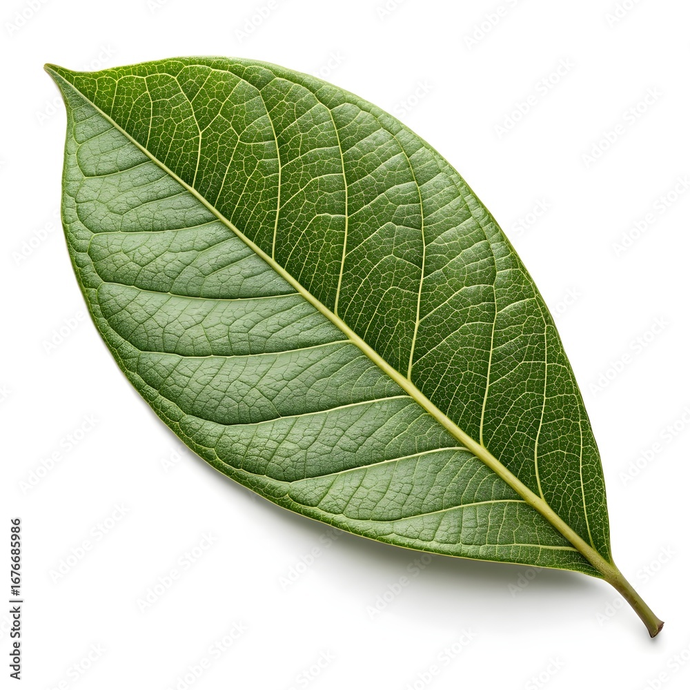 Obraz premium Devilwood Leaf Subtle Evergreen Elegance with Smooth Organic Texture and Rustic Natural Charm on White Background Highlighting Fresh Vitality and Minimalist Botanical Still Life