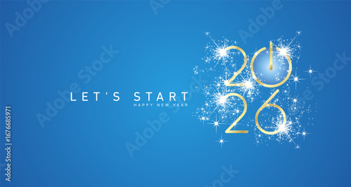 Wallpaper Mural Start of Happy New Year 2026 golden white shining glitter stars rounded typography light blue background banner with turn on button icon Torontodigital.ca